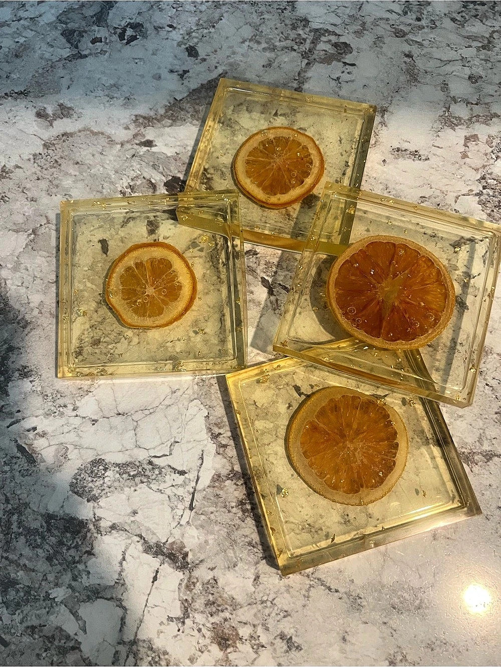 4 Handmade Resin Orange Slice Coaster Set Gold leaf Drink
